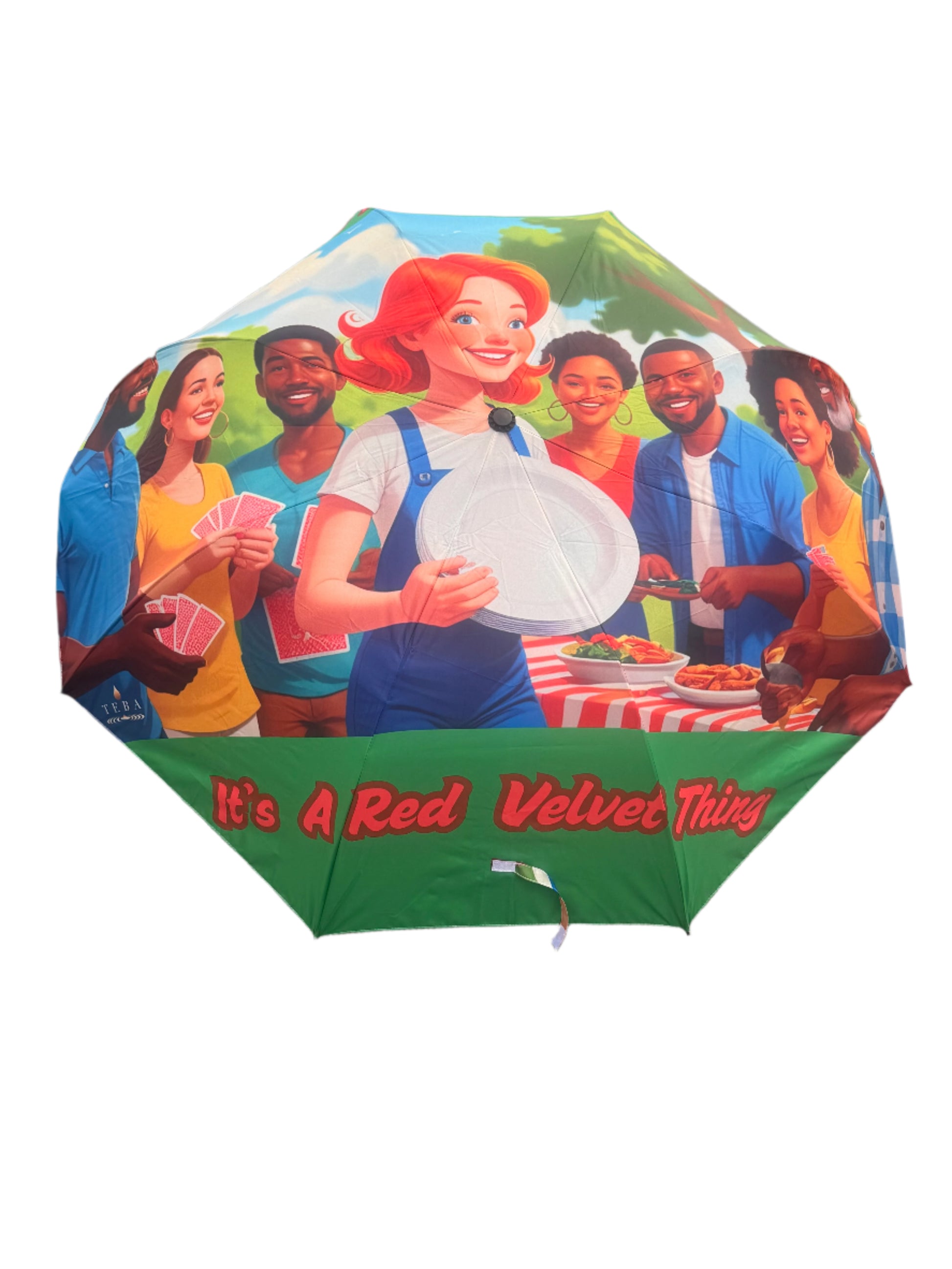 Umbrella with cartoon characters at a cookout and 'It's a Red Velvet Thing' text 