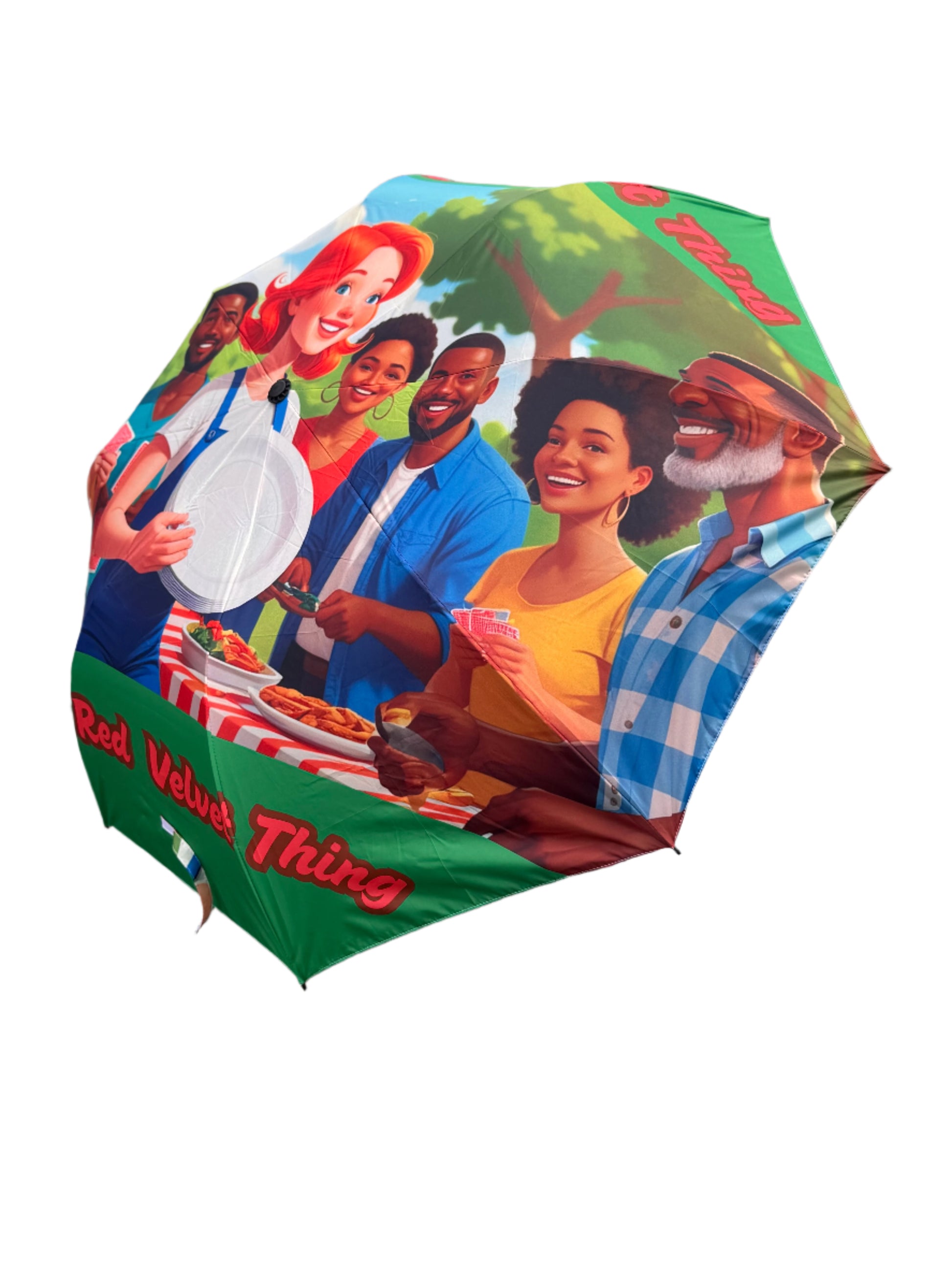 Colorful umbrella with a printed design of people at a cookout and text outdoors.